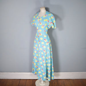 40s TURQUOISE AND YELLOW PRINT ZIP FRONT COTTON HOUSE GOWN / DRESS - S