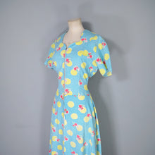 Load image into Gallery viewer, 40s TURQUOISE AND YELLOW PRINT ZIP FRONT COTTON HOUSE GOWN / DRESS - S