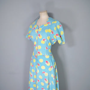 40s TURQUOISE AND YELLOW PRINT ZIP FRONT COTTON HOUSE GOWN / DRESS - S