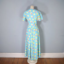 Load image into Gallery viewer, 40s TURQUOISE AND YELLOW PRINT ZIP FRONT COTTON HOUSE GOWN / DRESS - S