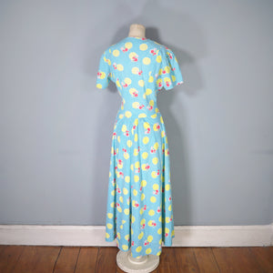 40s TURQUOISE AND YELLOW PRINT ZIP FRONT COTTON HOUSE GOWN / DRESS - S