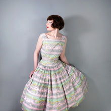 Load image into Gallery viewer, 50s PINK AND GREEN NOVELTY VICTORIAN STREET SCENES FULL SKIRTED DRESS - S