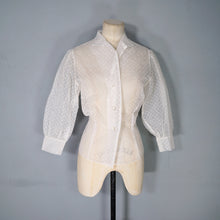 Load image into Gallery viewer, 50s SHEER WHITE BLOUSE WITH FLOCKED PATTERN AND BIG SLEEVES - S