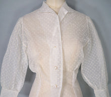 Load image into Gallery viewer, 50s SHEER WHITE BLOUSE WITH FLOCKED PATTERN AND BIG SLEEVES - S