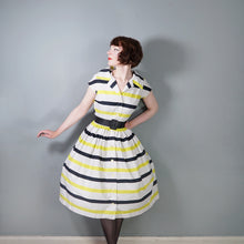Load image into Gallery viewer, 50s CHARTREUSE AND BLACK STRIPE ST MICHAEL COTTON DAY DRESS - S