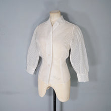 Load image into Gallery viewer, 50s SHEER WHITE BLOUSE WITH FLOCKED PATTERN AND BIG SLEEVES - S