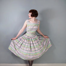 Load image into Gallery viewer, 50s PINK AND GREEN NOVELTY VICTORIAN STREET SCENES FULL SKIRTED DRESS - S