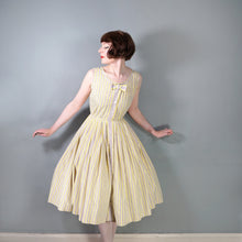 Load image into Gallery viewer, 50s HANDMADE FLORAL YELLOW STRIPE AND FLORAL BUTTON THROUGH DRESS - S