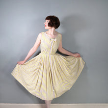 Load image into Gallery viewer, 50s HANDMADE FLORAL YELLOW STRIPE AND FLORAL BUTTON THROUGH DRESS - S