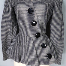 Load image into Gallery viewer, 80s does 50s LANVIN GREY STRIPE SILK BLEND ASYMMETRIC PEPLUM HOURGLASS JACKET - XS