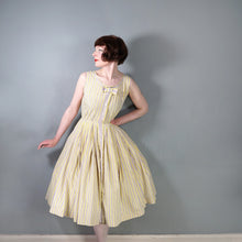 Load image into Gallery viewer, 50s HANDMADE FLORAL YELLOW STRIPE AND FLORAL BUTTON THROUGH DRESS - S