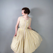 Load image into Gallery viewer, 50s HANDMADE FLORAL YELLOW STRIPE AND FLORAL BUTTON THROUGH DRESS - S