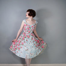 Load image into Gallery viewer, 50s PASTEL BLUE AND PINK ROSE PRINT SWEETHEART COTTON PARTY DRESS - S-M