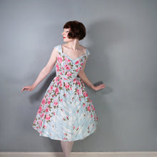 Load image into Gallery viewer, 50s PASTEL BLUE AND PINK ROSE PRINT SWEETHEART COTTON PARTY DRESS - S-M