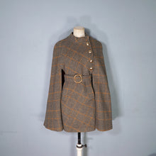 Load image into Gallery viewer, 60s BROWN PLAID TWEEDY WOOL CAPE COAT WITH MILITARY STYLE GOLD BUTTON AND BELT - S