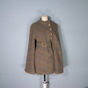60s BROWN PLAID TWEEDY WOOL CAPE COAT WITH MILITARY STYLE GOLD BUTTON AND BELT - S