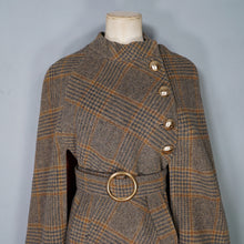 Load image into Gallery viewer, 60s BROWN PLAID TWEEDY WOOL CAPE COAT WITH MILITARY STYLE GOLD BUTTON AND BELT - S