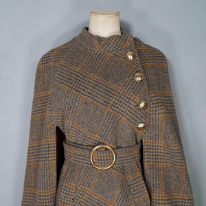 60s BROWN PLAID TWEEDY WOOL CAPE COAT WITH MILITARY STYLE GOLD BUTTON AND BELT - S