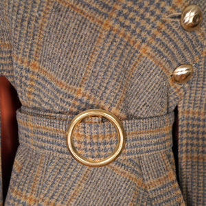 60s BROWN PLAID TWEEDY WOOL CAPE COAT WITH MILITARY STYLE GOLD BUTTON AND BELT - S