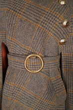 Load image into Gallery viewer, 60s BROWN PLAID TWEEDY WOOL CAPE COAT WITH MILITARY STYLE GOLD BUTTON AND BELT - S