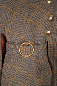 60s BROWN PLAID TWEEDY WOOL CAPE COAT WITH MILITARY STYLE GOLD BUTTON AND BELT - S