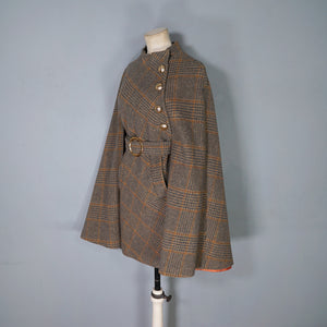 60s BROWN PLAID TWEEDY WOOL CAPE COAT WITH MILITARY STYLE GOLD BUTTON AND BELT - S