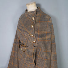 Load image into Gallery viewer, 60s BROWN PLAID TWEEDY WOOL CAPE COAT WITH MILITARY STYLE GOLD BUTTON AND BELT - S