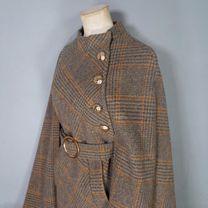 60s BROWN PLAID TWEEDY WOOL CAPE COAT WITH MILITARY STYLE GOLD BUTTON AND BELT - S