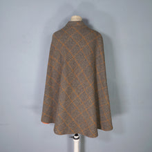 Load image into Gallery viewer, 60s BROWN PLAID TWEEDY WOOL CAPE COAT WITH MILITARY STYLE GOLD BUTTON AND BELT - S