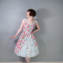 Load image into Gallery viewer, 50s PASTEL BLUE AND PINK ROSE PRINT SWEETHEART COTTON PARTY DRESS - S-M