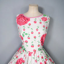 Load image into Gallery viewer, 50s 60s WHITE AND PINK ROSE FLORAL PRINT FULL SKIRT COTTON DAY DRESS - S