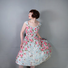 Load image into Gallery viewer, 50s PASTEL BLUE AND PINK ROSE PRINT SWEETHEART COTTON PARTY DRESS - S-M