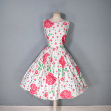 Load image into Gallery viewer, 50s 60s WHITE AND PINK ROSE FLORAL PRINT FULL SKIRT COTTON DAY DRESS - S