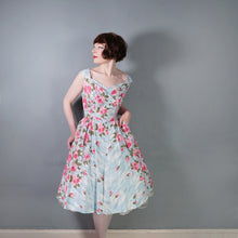 Load image into Gallery viewer, 50s PASTEL BLUE AND PINK ROSE PRINT SWEETHEART COTTON PARTY DRESS - S-M
