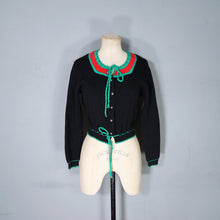 Load image into Gallery viewer, 60s 70s "JAKY" BLACK GREEN AND RED COLOURBLOCK WOOL TYROLEAN AUSTRIAN FOLK CARDIGAN - S