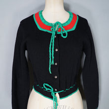 Load image into Gallery viewer, 60s 70s "JAKY" BLACK GREEN AND RED COLOURBLOCK WOOL TYROLEAN AUSTRIAN FOLK CARDIGAN - S