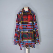 Load image into Gallery viewer, 70s BLUE RED FRINGE TASSLE CHECK PLAID BLANKET WOOL CAPE - S-M