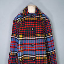 Load image into Gallery viewer, 70s BLUE RED FRINGE TASSLE CHECK PLAID BLANKET WOOL CAPE - S-M