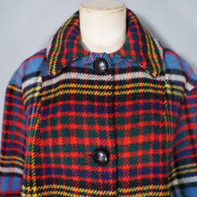 Load image into Gallery viewer, 70s BLUE RED FRINGE TASSLE CHECK PLAID BLANKET WOOL CAPE - S-M