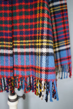 Load image into Gallery viewer, 70s BLUE RED FRINGE TASSLE CHECK PLAID BLANKET WOOL CAPE - S-M