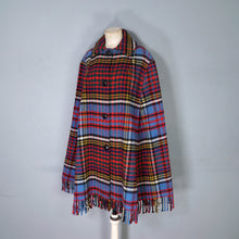 Load image into Gallery viewer, 70s BLUE RED FRINGE TASSLE CHECK PLAID BLANKET WOOL CAPE - S-M