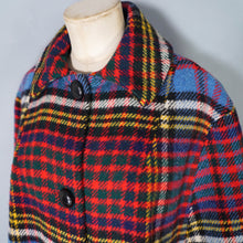 Load image into Gallery viewer, 70s BLUE RED FRINGE TASSLE CHECK PLAID BLANKET WOOL CAPE - S-M