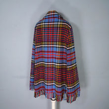 Load image into Gallery viewer, 70s BLUE RED FRINGE TASSLE CHECK PLAID BLANKET WOOL CAPE - S-M