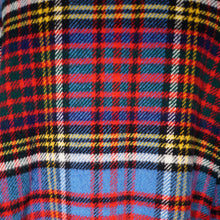 Load image into Gallery viewer, 70s BLUE RED FRINGE TASSLE CHECK PLAID BLANKET WOOL CAPE - S-M