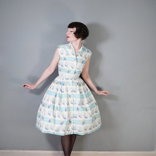 50s PASTEL BLUE FLORAL BUTTON THROUGH COTTON ST MICHAEL DRESS - XS-S