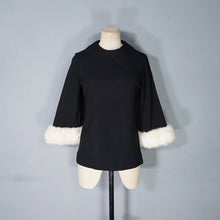 Load image into Gallery viewer, 60s BLACK CREPE EVENING WINTER BLOUSE TOP WITH FUR TRIMMED CUFFS - S