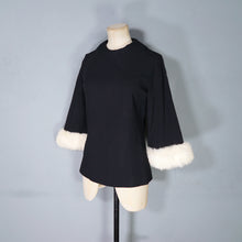 Load image into Gallery viewer, 60s BLACK CREPE EVENING WINTER BLOUSE TOP WITH FUR TRIMMED CUFFS - S