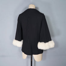 Load image into Gallery viewer, 60s BLACK CREPE EVENING WINTER BLOUSE TOP WITH FUR TRIMMED CUFFS - S
