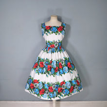 Load image into Gallery viewer, 50s LARGE RED AND TURQUOISE ROSE FLORAL COTTON FULL SKIRTED DRESS - S