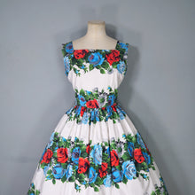 Load image into Gallery viewer, 50s LARGE RED AND TURQUOISE ROSE FLORAL COTTON FULL SKIRTED DRESS - S